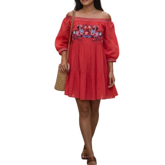 Free People Dresses & Skirts - Free People Red Tiered Mini Dress Womens Sz Medium Sunbeams Embroidered Boho